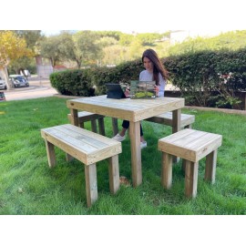 Salon de jardin 1 table 120x76 cm 2 tabourets et 2 bancs pin traité en autoclave