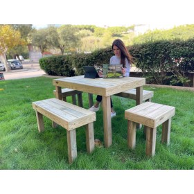 Salon de jardin 1 table 120x76 cm 2 tabourets et 2 bancs pin trait&eacute; en autoclave