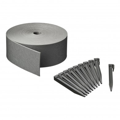 Kit bordure de jardin flexible en PE recyclé épaisseur 3 mm, gris H7,5 cm x 10 m avec 10 piquets 19.5 cm