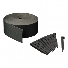 Bordure de jardin flexible en PE recyclé épaisseur 3 mm, Noire H7,5 cm x 10 m avec 10 piquets de 19.5 cm