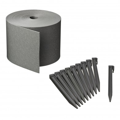 Bordure de jardin flexible en PE recyclé épaisseur 3 mm, Gris H15 cm x 10 m et 10 piquets de 26.7 cm