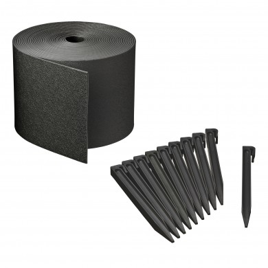 Bordure de jardin flexible en PE recyclé épaisseur 3 mm, Noire H15 cm x 10 m et 10 piquets 26.7 cm