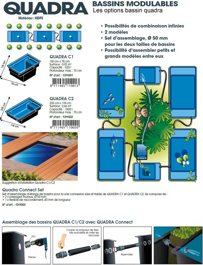 bassin de jardin quadra C1 QUADRA C1 BASSINS MODULABLES Matériau : HDPE noir intérieure et extérieure 118 cm x 78 cm Surface : 0,92 m2 Capacité du bassin de jardin: 520 l Profondeur max. : 70 cm N° d’art. : 1311001