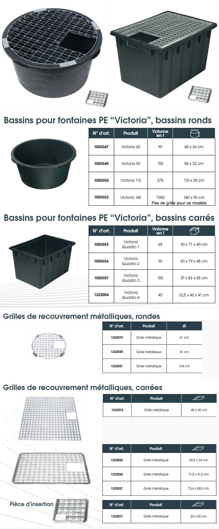 bassin préformé Différentes formes : rondes, carrées, rectangulaires, chacune de plusieurs dimensions. Les grilles métalliques rondes et rectangulaires sont exactement adaptées aux dimensions des bassins, de telle sorte qu’elles s’arrêtent juste au bord. Elles sont alors posées et maintenues au bord avec des fixations spéciales.